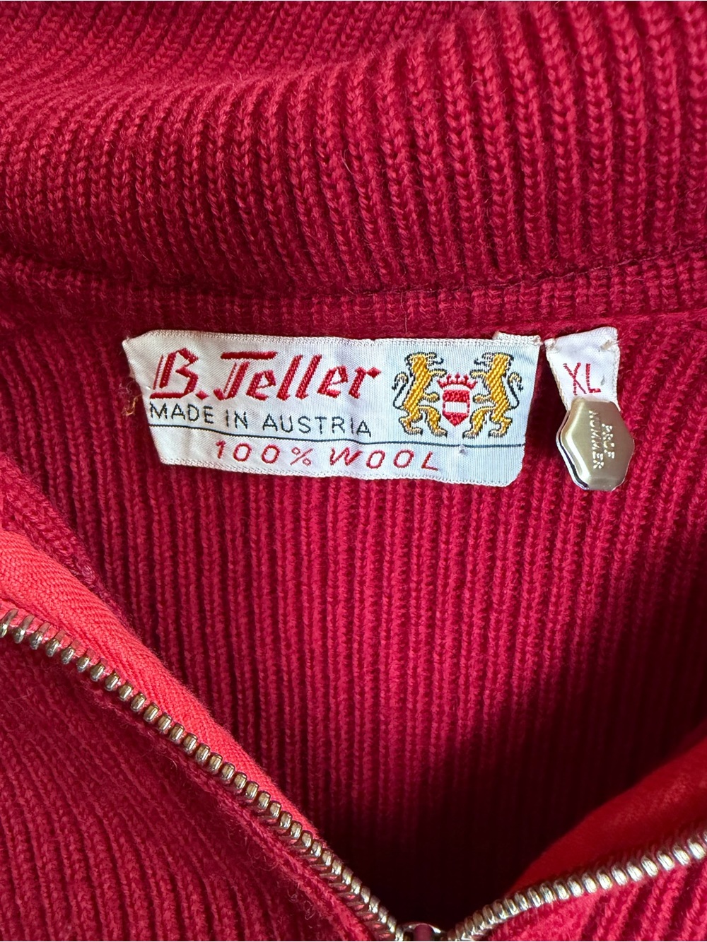 Vintage B Teller Austria 100% Pure New Wool Zip Sweater Burgundy Rib Knit XL - Picture 4 of 9